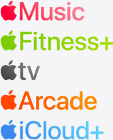 Ikon aplikasi Apple Music, Apple Fitness+, Apple TV+, Apple Arcade, dan iCloud+