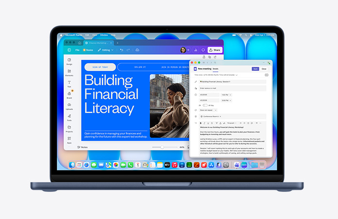MacBook Neo warna biru temaram, menampilkan halaman web berjudul “Building Financial Literacy” dengan gambar seseorang, draf email yang terbuka, bar menu dengan berbagai ikon, serta Dock di bagian bawah dengan ikon aplikasi