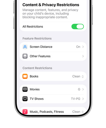 iPhone menampilkan opsi konten dan pembatasan privasi untuk Akun Anak.