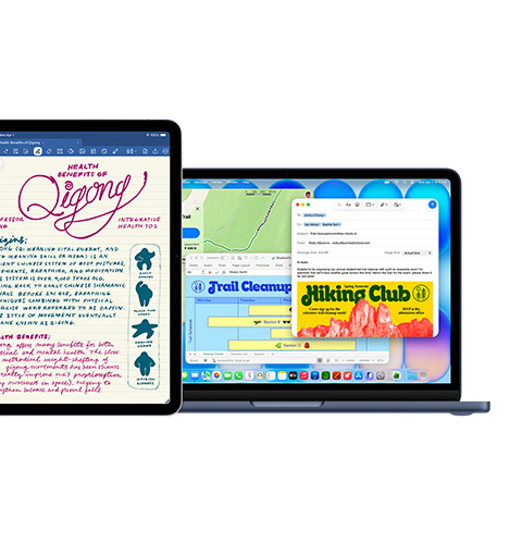 Layar iPad menunjukkan Goodnotes, layar Mac menunjukkan beberapa aplikasi yang digunakan sekaligus