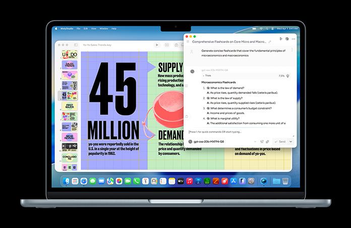 MacBook menampilkan layar Msty Studio yang memperlihatkan flashcard mikroekonomi, menunjukkan kemampuan pada di perangkat