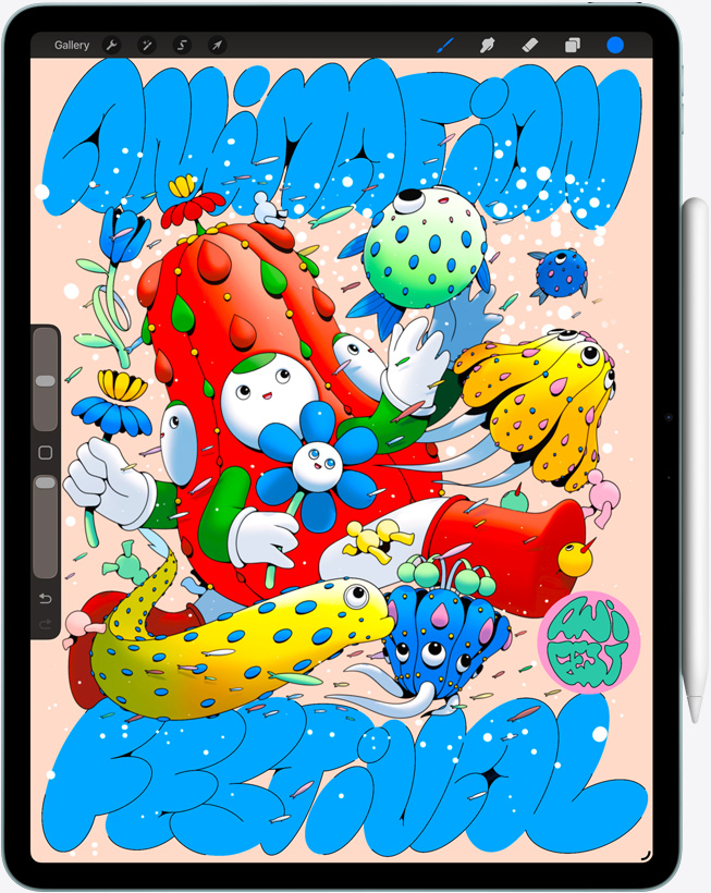 iPad Air, eksterior depan, menampilkan aplikasi Procreate, karya seni digital penuh warna yang menampilkan berbagai karakter dan objek, Apple Pencil Pro