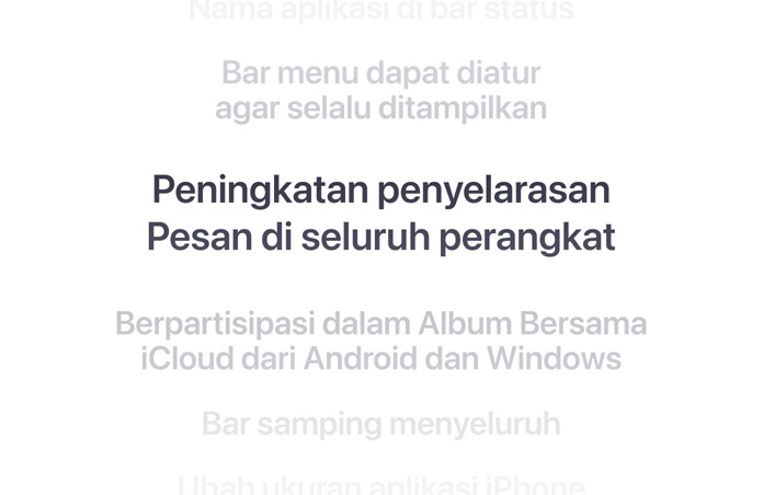 Daftar fitur secara vertikal, dengan “Peningkatan penyelarasan Pesan di semua perangkat” ditampilkan dengan huruf tebal di tengah. Fitur-fitur sekitarnya memudar menjadi latar belakang di atas dan di bawah.
