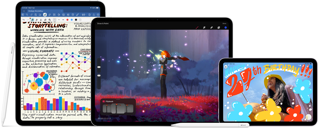 Image of Apple Pencil Pro and Apple Pencil USB-C next to multiple iPad devices displaying examples of handwritten notes and colorful illustrations created with Apple Pencil.