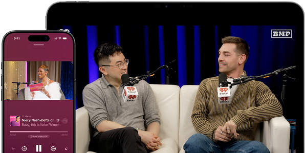 A video podcast episode playing on screen in Apple Podcasts