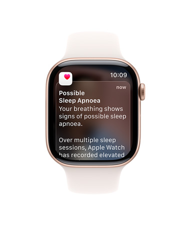 Apple Watch Series 11, rose gold color, aluminum case, expanded sleep apnea notification, right side exterior, Digital Crown, Sport Band, light blush color