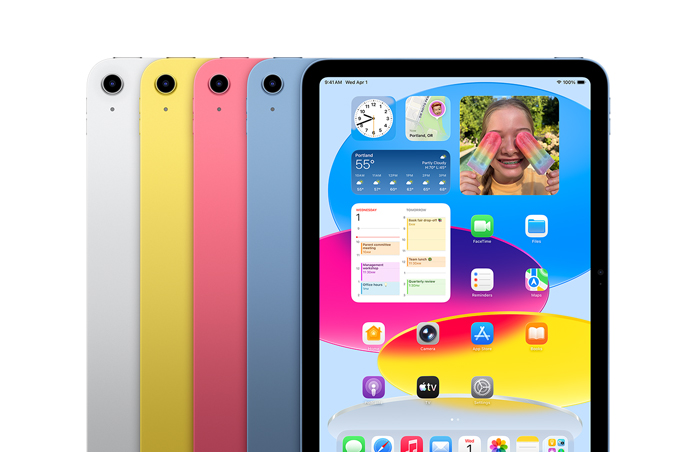 iPad devices lined up in four colours, silver, yellow, pink, blue, while screen shows wallpaper and a variety of apps