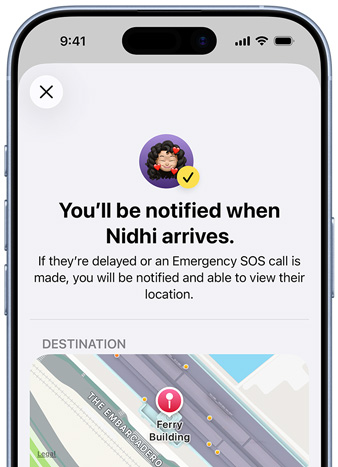 iPhone screen shows a confirmation that a Find My notification has been set up, text reads “You'll be notified when Pedro arrives”, map with pinned location sits at the bottom of screen