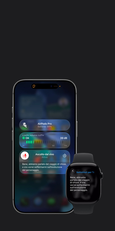 Display di un iPhone 17 Pro che mostra una sessione attiva di Ascolto dal vivo con la trascrizione dell’audio registrato, e display di un Apple Watch Series 11 con la trascrizione in tempo reale della stessa registrazione