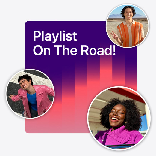 La copertina di una playlist collaborativa chiamata Playlist On The Road! circondata da memoji