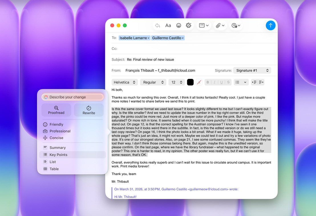 App Mail con il pannello Strumenti di scrittura di Apple Intelligence e l’opzione Punti chiave evidenziata