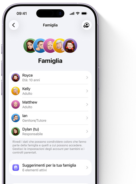 Schermata dell’iPhone che mostra la pagina Famiglia in Impostazioni, Memoji dei singoli membri della famiglia, ognuna nel proprio cerchio colorato, disposte in alto, stesse Memoji in un elenco sottostante che indica tutti i membri del gruppo “In famiglia”