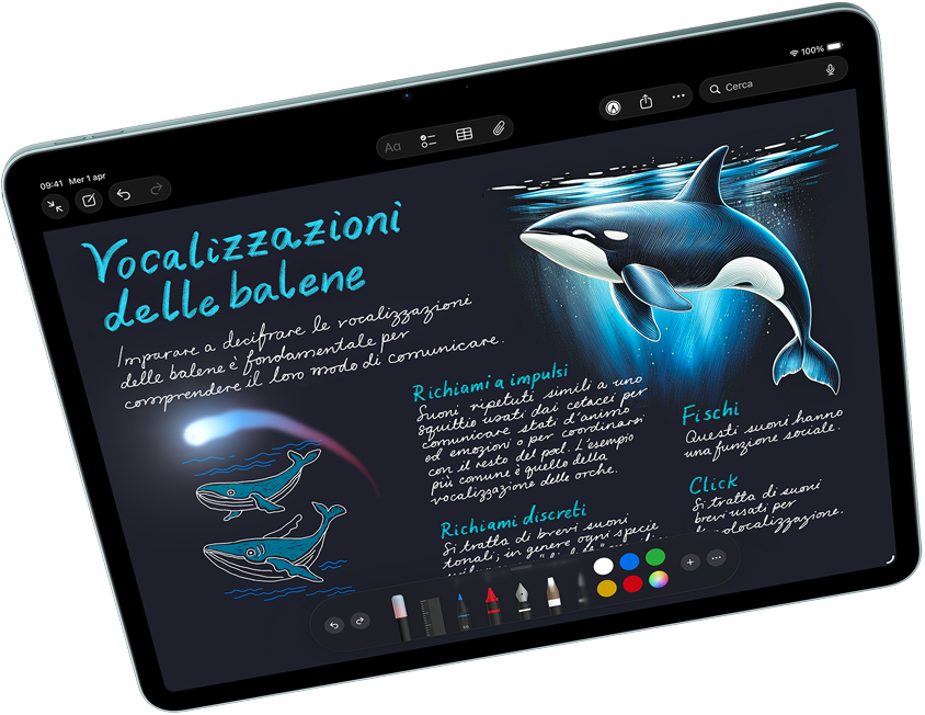 iPad Air in orizzontale con accanto una Apple Pencil Pro; lo schermo mostra Apple Intelligence con la funzione Bacchetta immagini nell’app Note