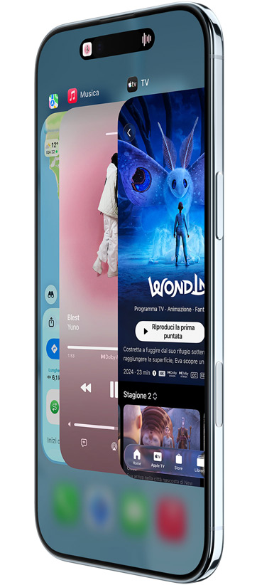iPhone Air mostrato da davanti e di lato, con le app Mappe, Music e Apple TV, elenco applicazioni in uso