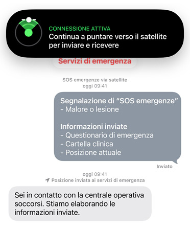 Funzione SOS emergenze via satellite in uso, mentre contatta i servizi di emergenza per chiedere aiuto per una persona malata o ferita