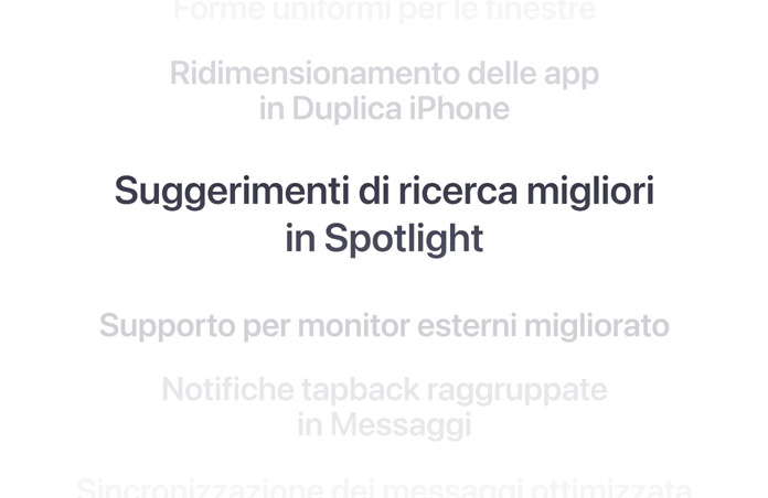Un elenco verticale di funzioni, con al centro la scritta in grassetto “Suggerimenti di ricerca migliori in Spotlight”. Le altre funzioni, sopra e sotto, sfumano confondendosi con lo sfondo.