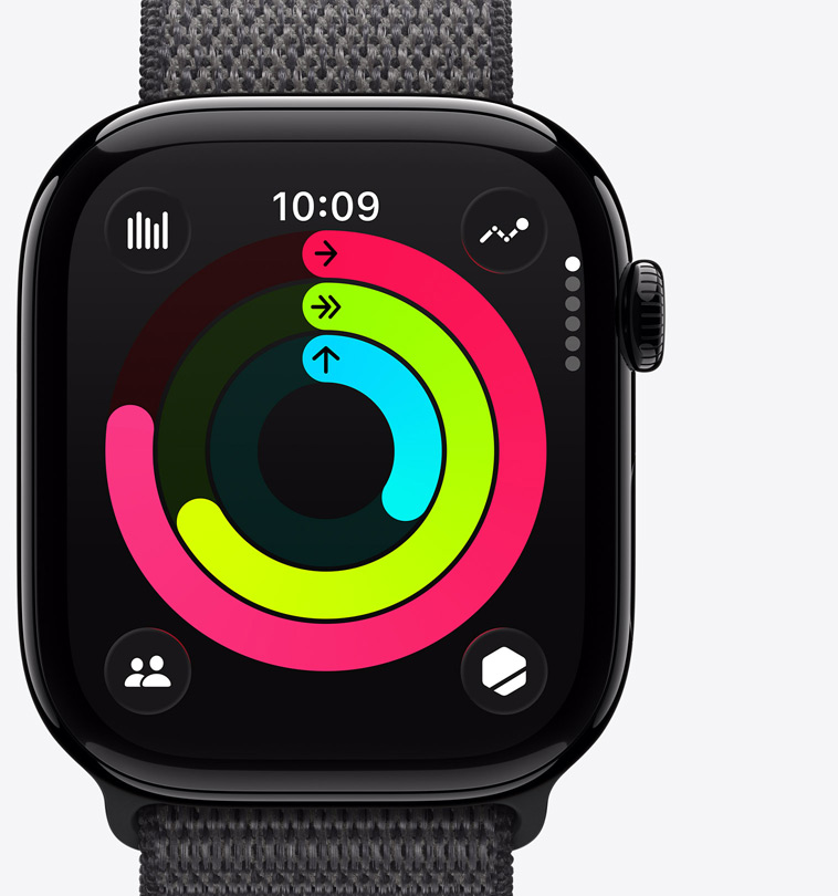 Apple Watch Series 11, cassa in alluminio, colore Jet Black lucido, anelli Attività: movimento, esercizio, in piedi, Digital Crown, cinturino, Sport Loop grigio scuro