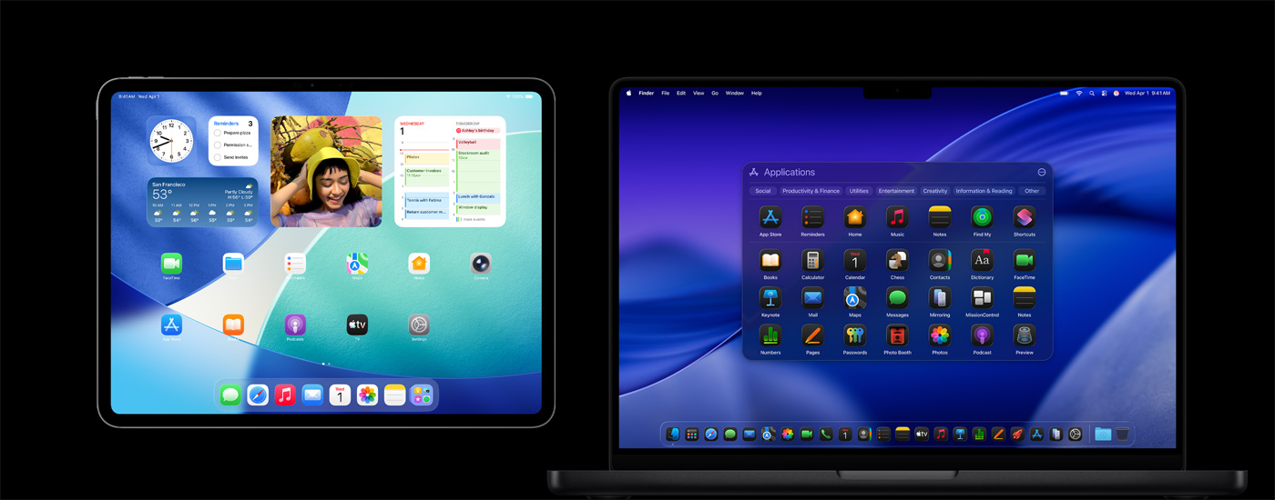 様々なアプリのアイコンが表示されているiPadとMac。iPadには、カレンダー、天気、写真などのウィジェットが表示されている。Mac上ではその背景にmacOS Tahoe