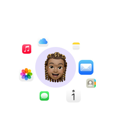様々なアプリのアイコンに囲まれた笑顔の絵文字。ミュージック、iCloud Drive、メモ、メール、連絡先、カレンダー、メッセージ、写真