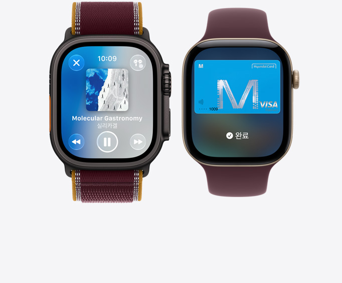 블랙 색상 티타늄 케이스의 Apple Watch Ultra 4. Apple Music 앱에 지금 재생 중인 화면이 표시되어 있고 버건디 색상 트레일 루프 밴드를 장착. 라이트 골드 색상 알루미늄 케이스의 Apple Watch Series 12. Apple Pay가 화면에 표시되어 있고 버건디 색상 스포츠 루프 밴드를 장착