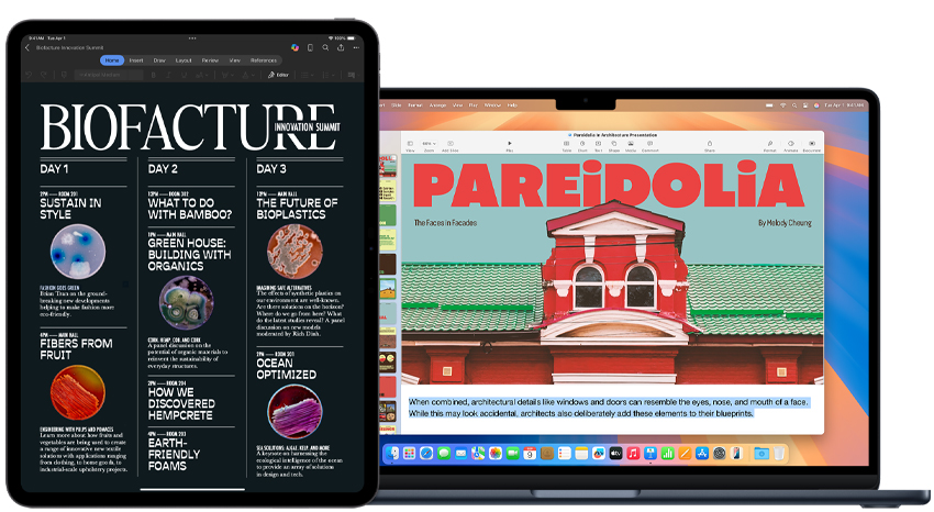 Un iPad y una MacBook muestran proyectos escolares.
