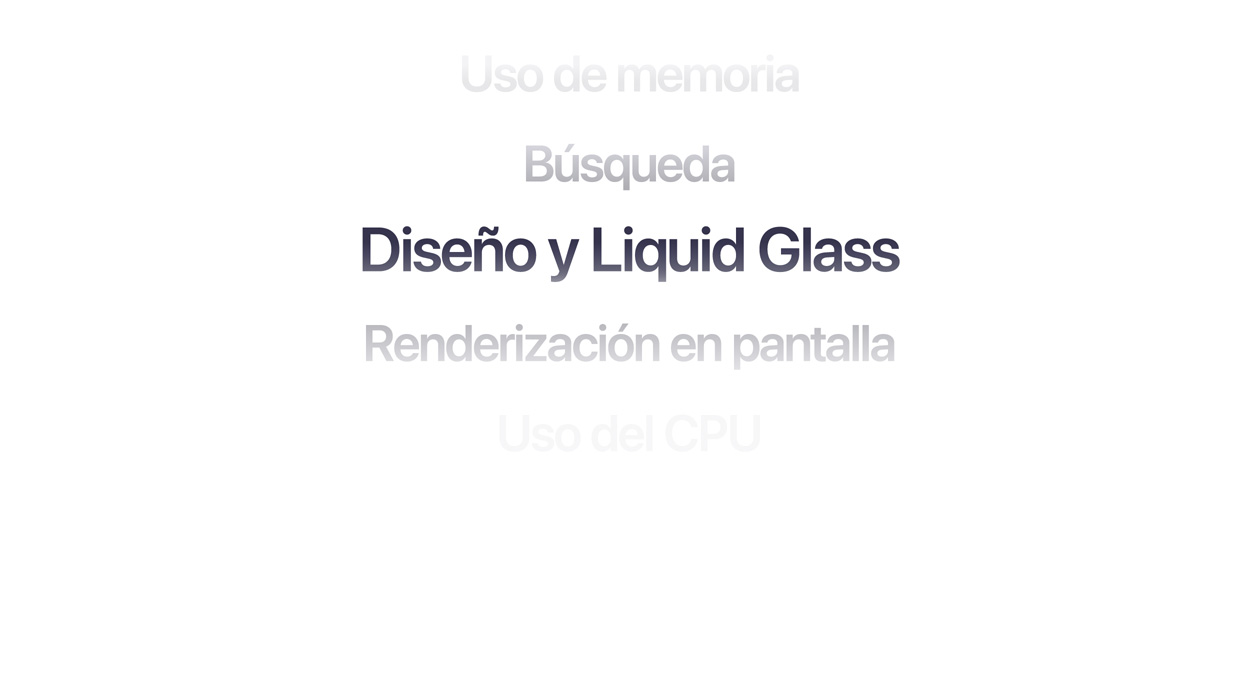 Texto que muestra diferentes mejoras en el sistema operativo, como uso de memoria, búsqueda, diseño y Liquid Glass, renderización en pantalla y uso del CPU