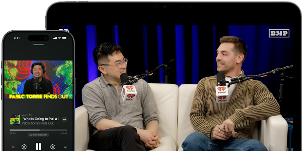 A video podcast episode playing on screen in Apple Podcasts