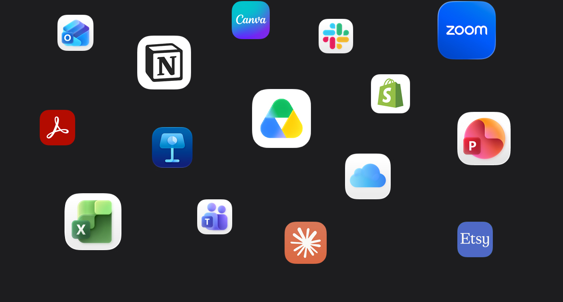 App icons scattered across a dark background: Microsoft Teams, Microsoft Excel, Canva, Shopify, Microsoft Powerpoint, Claude, Zoom, Notion, Keynote, Slack, Salesforce, Quickbooks, Google Drive, Acrobat Reader, Microsoft Outlook