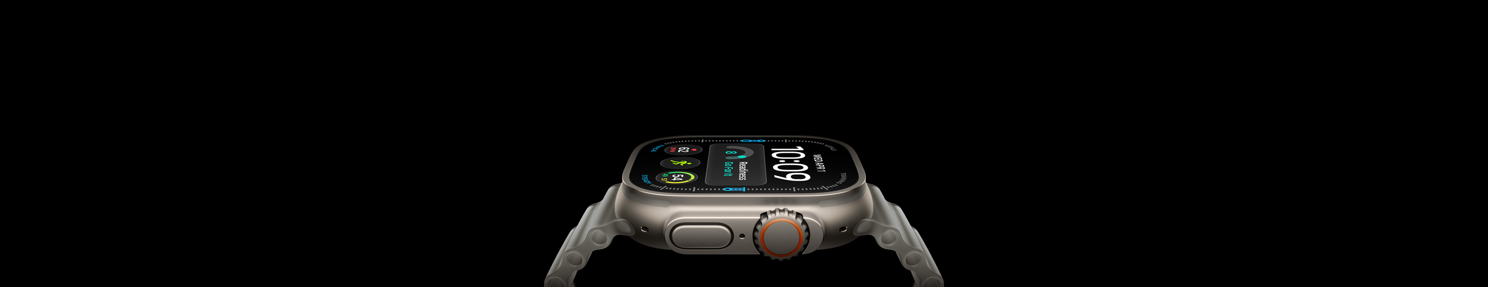 Apple Watch Ultra 4, titanium case, natural color, right exterior, Digital Crown, raised side button, digital watch face, translucent gray Ocean Band