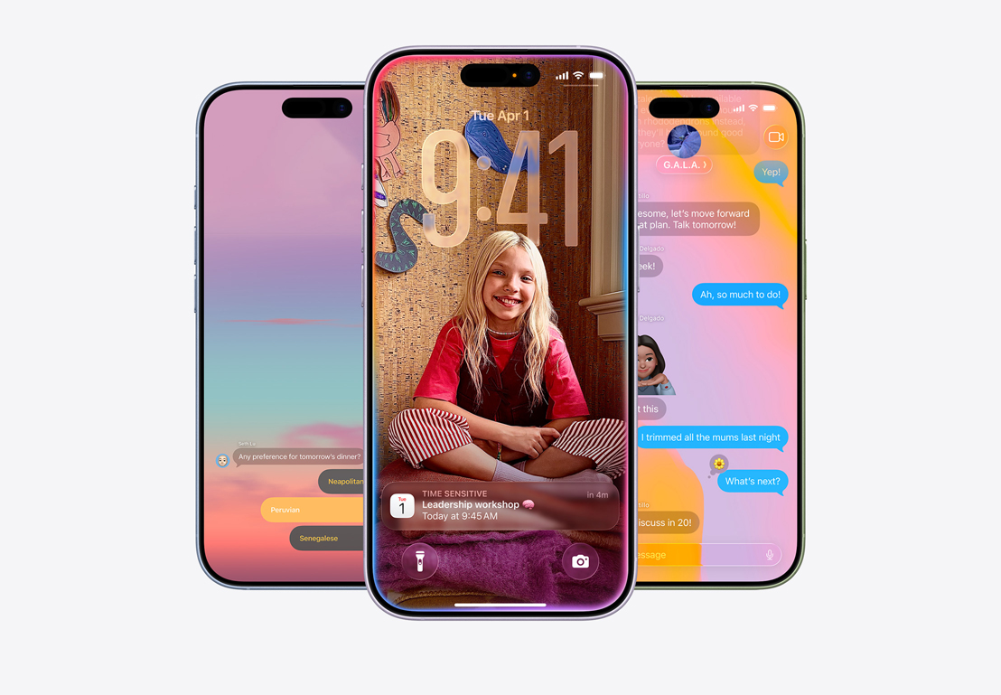 iPhone 17 devices, front exterior, finishes: mist blue, lavender, sage, iOS 26 features - Home Screen with various apps displayed, Calendar pop-up on personalized Lock Screen, iPhone screen showing Messages with Liquid Glass design