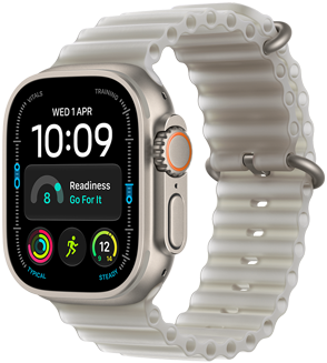 Apple Watch Ultra 4, titanium case, natural color, digital clock face, complications: day and date, readiness, heart rate, Workouts, temperature, right side exterior, Digital Crown, raised side button, Ocean Band, translucent gray color