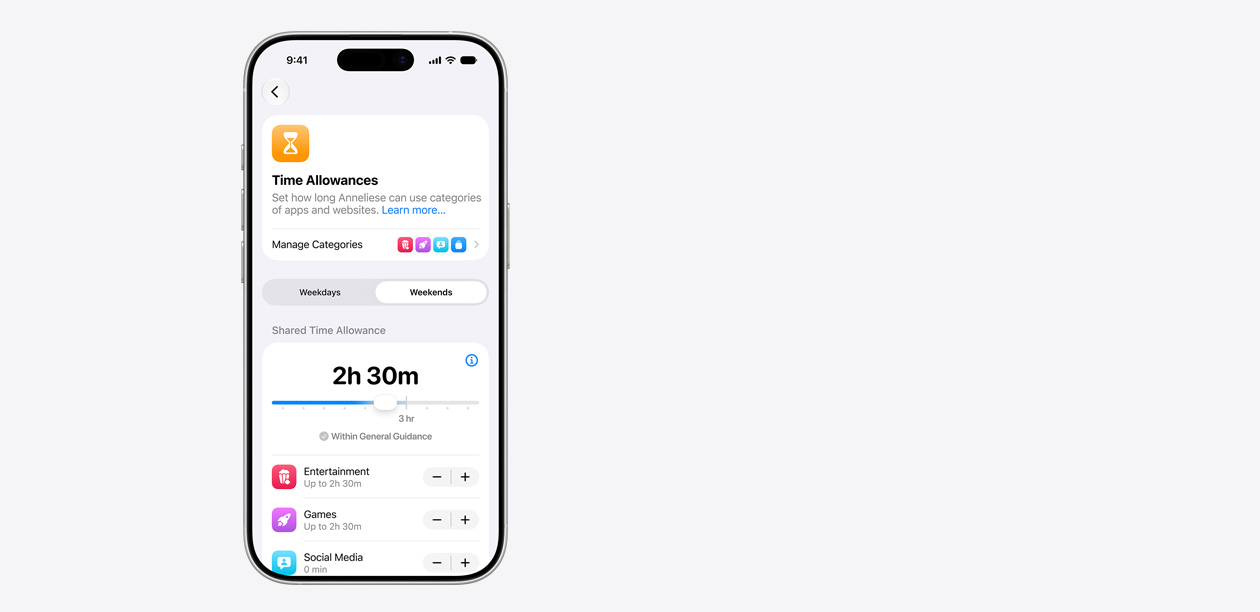 iPhone displaying Time Allowance interface, including a shared time allowance of two hours and 30 minutes, and suggested allowances for app categories like entertainment and games.