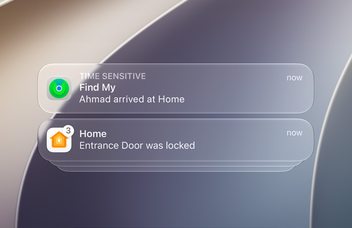 Lock screen with notifications from Find My and Home.