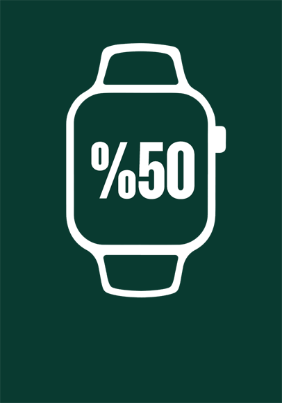 رسم توضيحي لساعة Apple&nbsp;Watch بخط أخضر مقلّص إلى النصف للإشارة إلى 50%