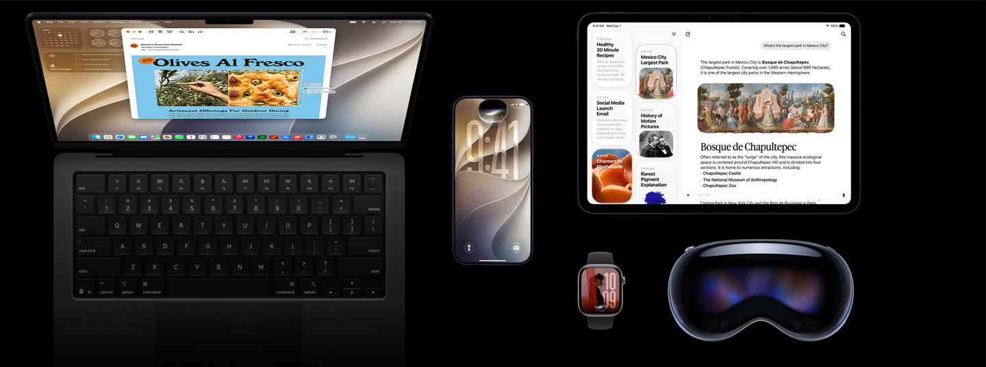 Siri AI on iOS devices, five products, iPhone 17 Pro Deep Blue, Apple Vision Pro, Apple Watch Series 11 42mm Space Gray, MacBook Pro 14-inch Space Black, and iPad Pro 11 Space Black.