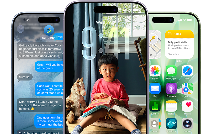 Three iPhone 17 devices. Each displays either a Messages screen, lock screen, or home screen