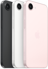 جهاز iPhone 17e، الجهة الجانبية والجزء الخارجي الخلفي، لون أسود، الجهة الجانبية والجزء الخارجي الخلفي، لون أبيض، الجهة الجانبية والجزء الخارجي الخلفي، لون زهري ناعم، كاميرا Fusion في الأعلى، الزر الجانبي