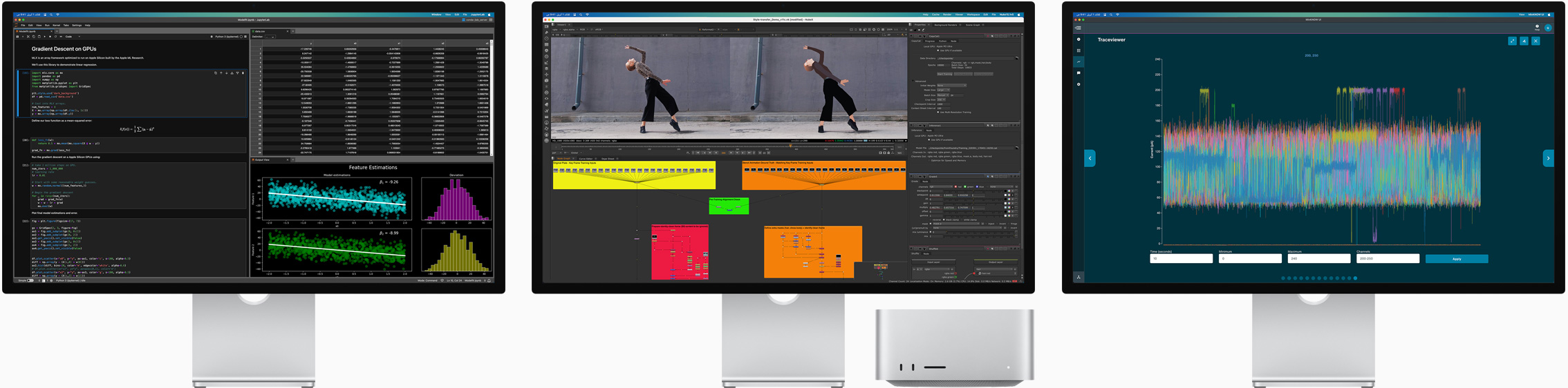 صورة لجهاز Mac Studio وثلاث شاشات Studio Display تعرض جميعها تطبيقات macOS مختلفة على الشاشة