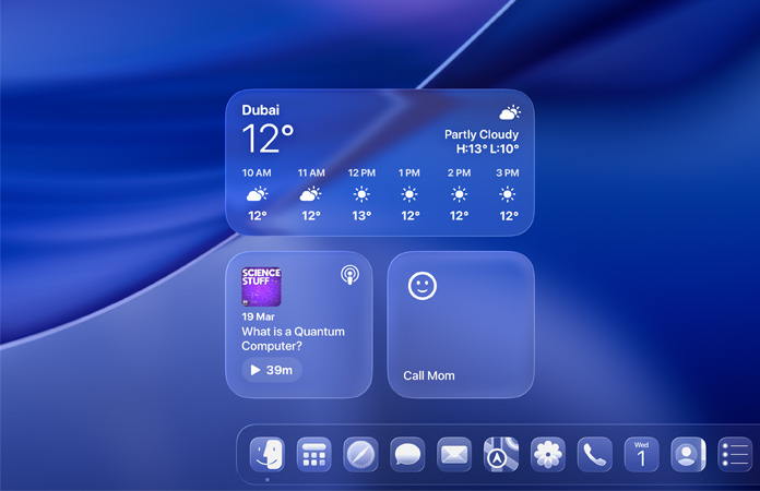 Liquid Glass Weather, Podcasts, and Reminders widgets on macOS Tahoe screen