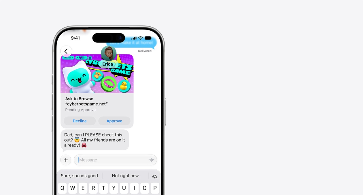 iPhone 17 Pro, Silver, top two-thirds visible, front screen shows text message with cyberpetsgame.net screengrab, Decline and Approve buttons under graphic, message text, Dad, can I please check this out, all my friends are on it already