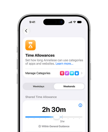 iPhone 17 Pro, Silver, screen shows Time Allowance and Screen Time Schedule options in Settings to allow time and media categories for their child