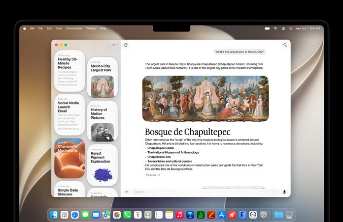 جهاز MacBook&nbsp;Pro مقاس 14&nbsp;إنش، لون أسود فلكي، شاشة تُظهر تطبيق Siri وهو يعرض محادثة نشطة مع&nbsp;Siri&nbsp;AI والمحادثات السابقة في&nbsp;الشريط الجانبي.