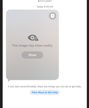 Auto-generated message to parent about the sensitive and unsafe content their child may be viewing on a FaceTime call, with options to Resume Audio and Video or End Call