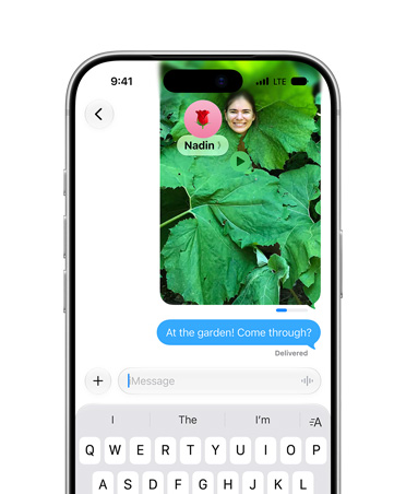 Screen shows a photo of a person posing in a leafy plant being sent in Messages with a send indicator status bar showing the send progress, sent message under image, text reads: At the garden! come through?
