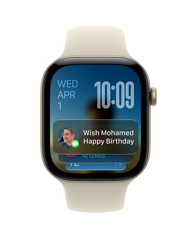 Apple Watch Series 12, Sand Sport Band with Aluminum Light Gold case face shows date at top left, time on top right, and Messages widget at bottom