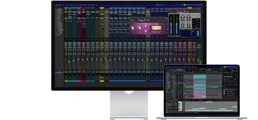 Studio Display and a Mac laptop showing a session in Pro Tools with Splice integration, the nano-texture glass helps reduce reflectivity on the dark program screen
