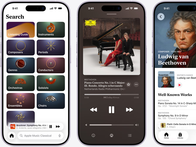 左邊的 iPhone 展示 Apple Music 古典樂 app 的搜尋分頁，其中顯示作曲家、時期、類型、指揮家、管弦樂團、獨奏/獨唱、合奏團等選項；中間的 iPhone 顯示以杜比全景聲播放 Beethoven 的《Piano Concerto No. 1 in C Major, Op. 15: III. Rondo. Allegro scherzando》；右邊的 iPhone 顯示 Ludwig van Beethoven 的作曲家頁面