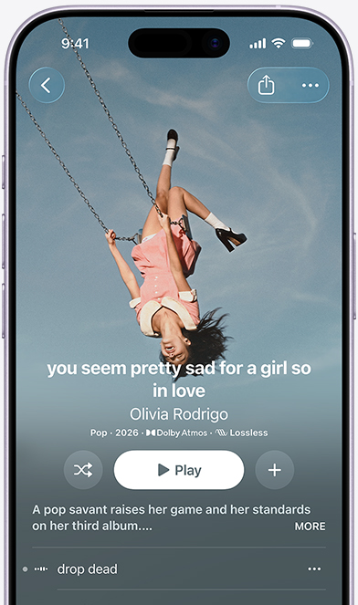 iPhone 螢幕顯示在 Apple Music 上 Olivia Rodrigo 的專輯《you seem pretty sad for a girl so in love》