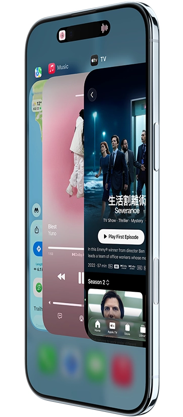 iPhone Air 機身正側面顯示地圖、音樂與 Apple TV app，展示使用 App 切換器功能