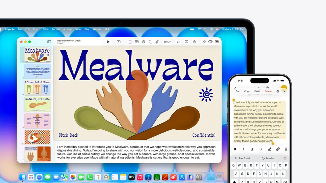 靛藍色 MacBook&nbsp;Neo，螢幕顯示包含產品系列簡報的 Keynote 文件，旁邊有部 iPhone，顯示備忘錄 app 內一段已選取的文字